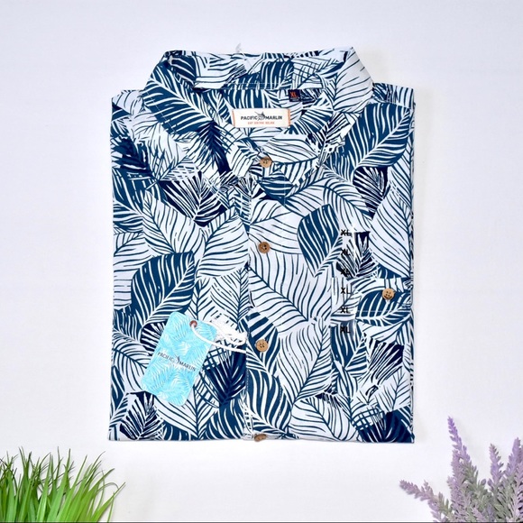 New! Pacific Marlin Men’s Button Down Shirt Leaf Print Pattern Size XL - Picture 2 of 10